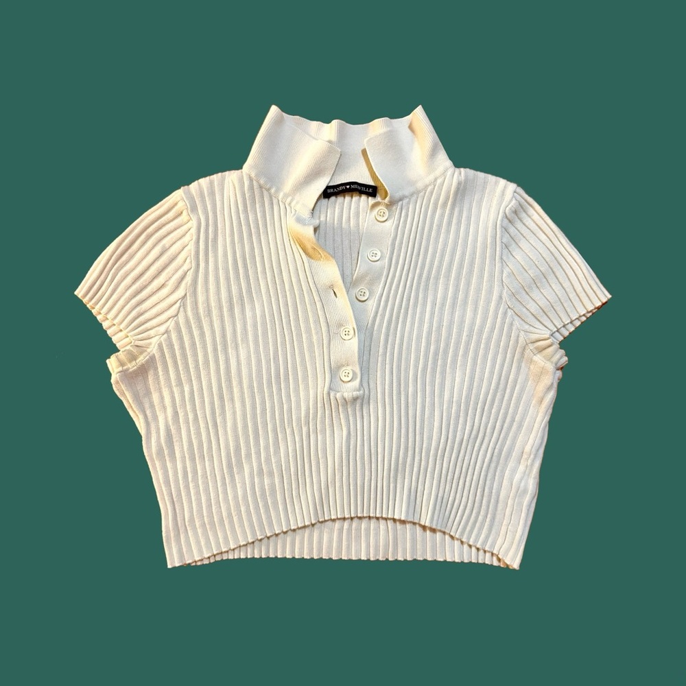 Brandy Melville White, Ribbed, Short Sleeved Cropped Polo Top